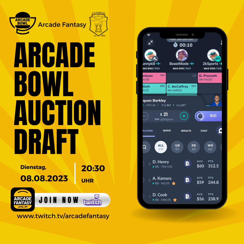 Das Bild zeigt eine Ankündigung für den Auction Draft des Arcade Bowl am 08.08.2023 um 20:30 Uhr mit einem Smartphone auf dem ein Sleeper Auction Draft zu sehen ist, sowie die URL zum Twitch Account und den Sponsor Kaasseler.